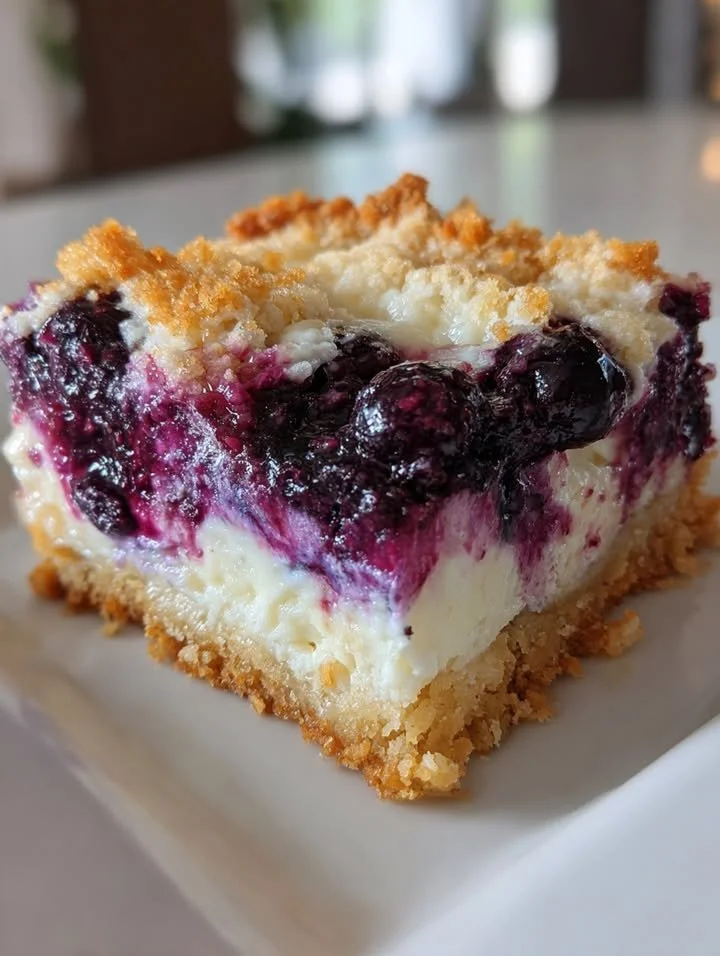 Cottage cheese blueberry pie bars with fresh blueberries on a plate