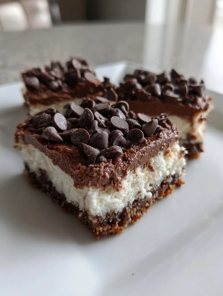 Cottage Cheese Chocolate Cream Pie Bars topped with chocolate shavings