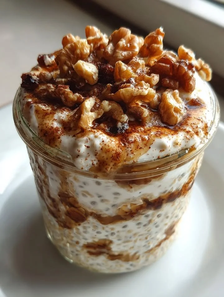 Cottage cheese cinnamon roll overnight oats in a bowl with cinnamon on top