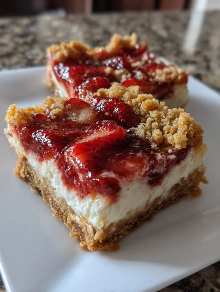 Delicious Cottage Cheese Strawberry Pie Bars served on a white plate with fresh strawberries