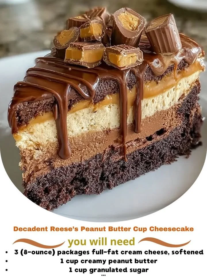 Decadent Reese's Peanut Butter Cup Cheesecake topped with chocolate and peanut butter.