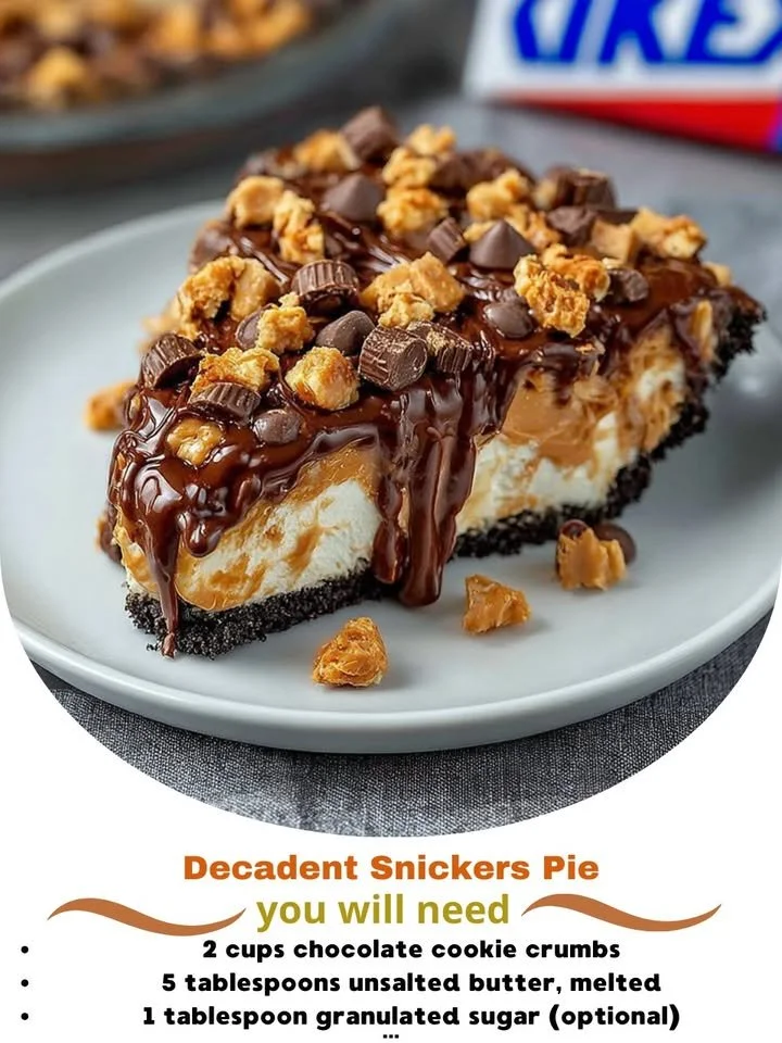 Decadent Snickers Pie with chocolate, caramel, and peanut toppings