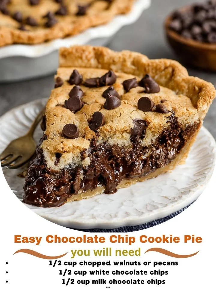 Delicious easy chocolate chip cookie pie served with a scoop of ice cream