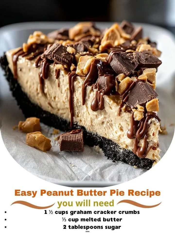 Slice of easy peanut butter pie topped with whipped cream and chocolate drizzle