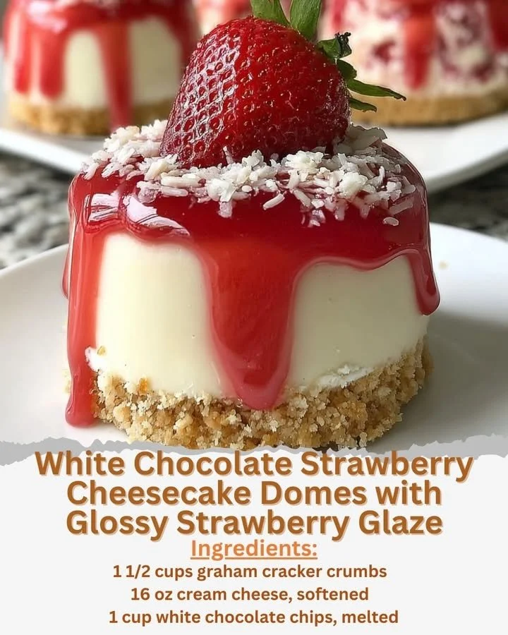Elegant white chocolate strawberry cheesecake domes with glossy glaze