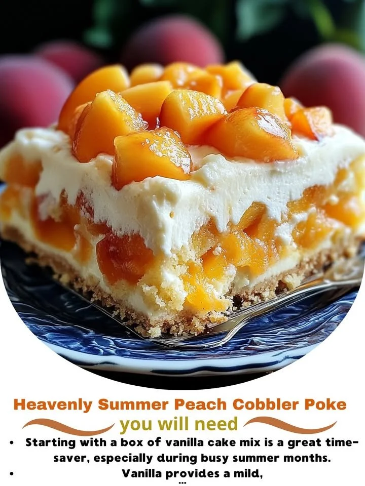 Heavenly Summer Peach Cobbler Poke Cake with fresh peaches and whipped topping