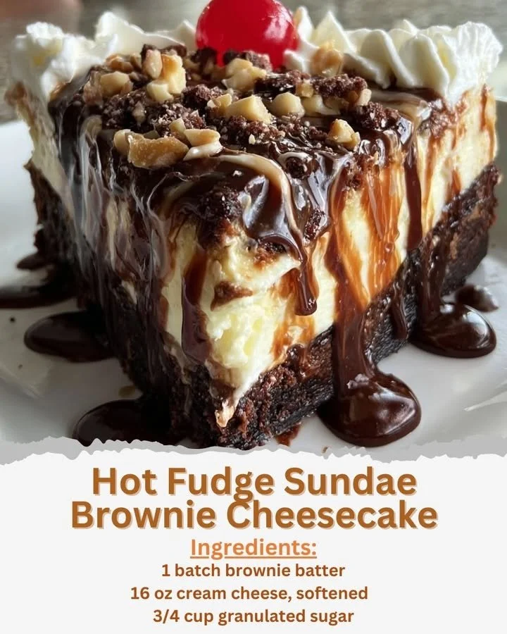Hot Fudge Sundae Brownie Cheesecake with rich chocolate and creamy topping