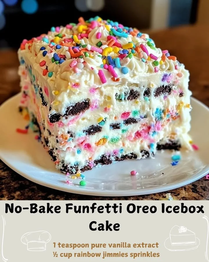 Slice of Funfetti Oreo Icebox Cake with colorful sprinkles and Oreos