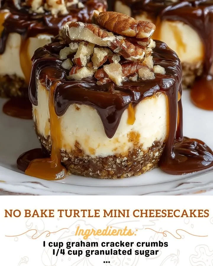 No Bake Turtle Mini Cheesecakes topped with chocolate and caramel