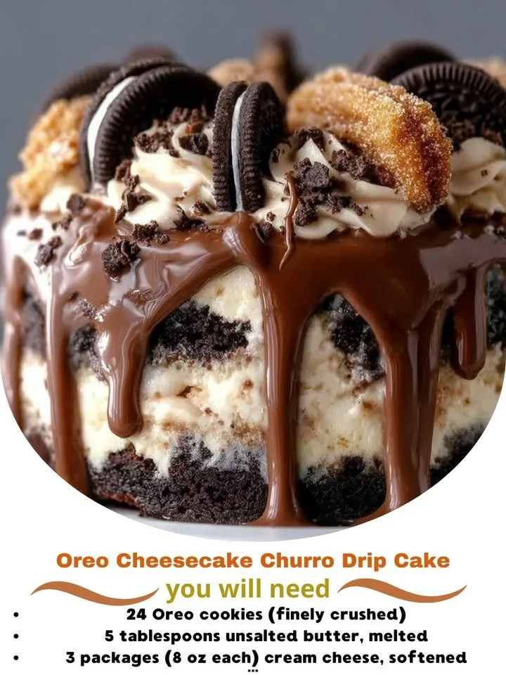 Oreo cheesecake churro cake with chocolate drizzle and Oreo cookie topping