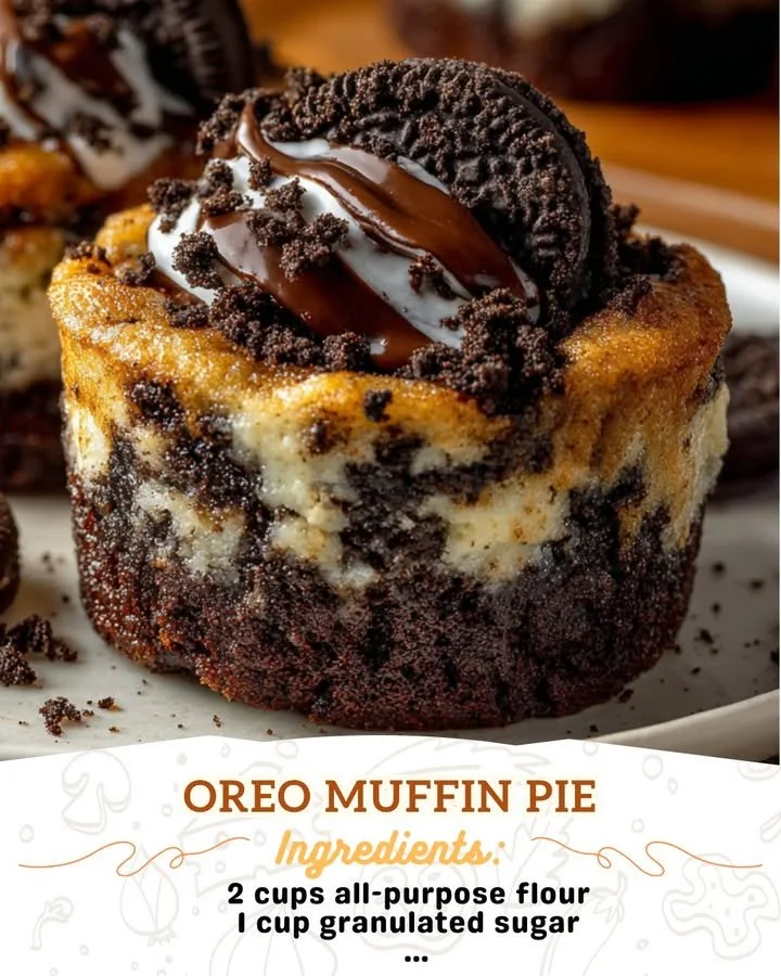 Oreo Muffin Pie with chocolate and cream layers on a white plate