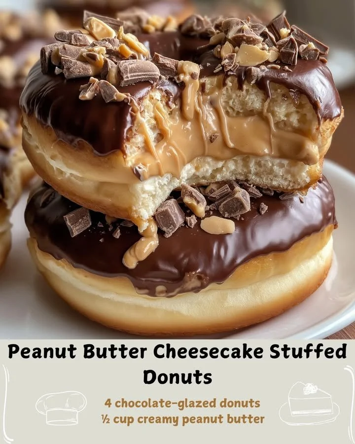 Peanut butter cheesecake stuffed donuts topped with chocolate drizzle