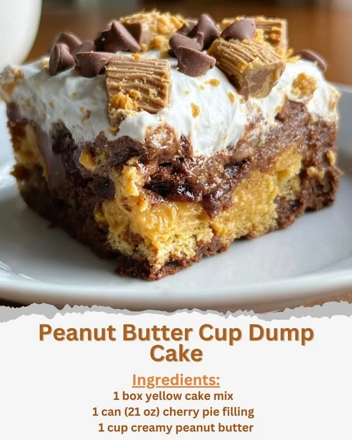 Delicious Peanut Butter Cup Dump Cake with chocolate and peanut butter layers