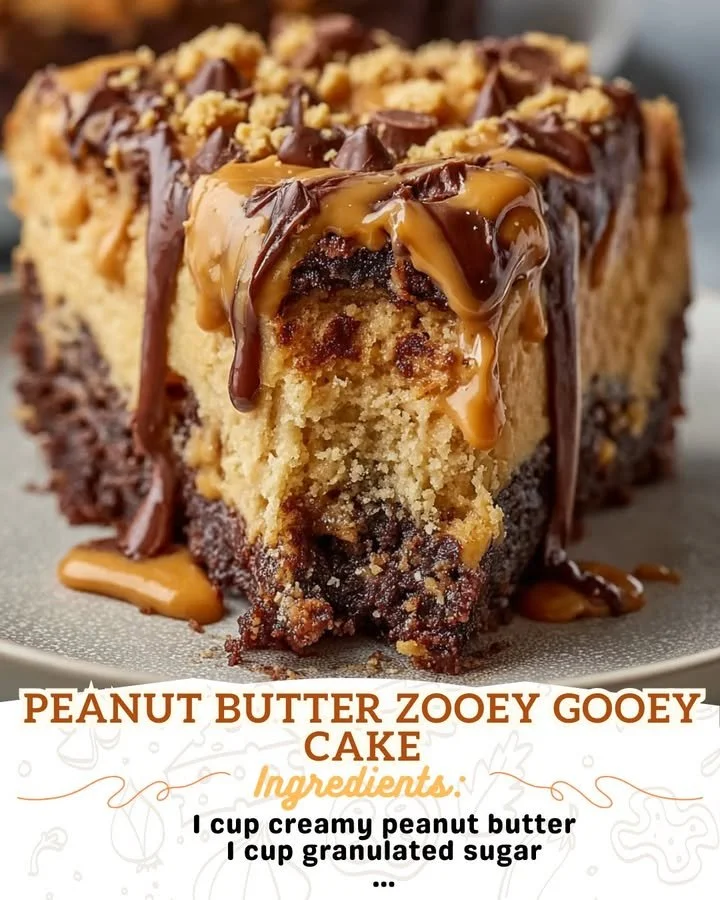 Delicious slice of Peanut Butter Zooey Gooey Cake topped with peanut butter frosting