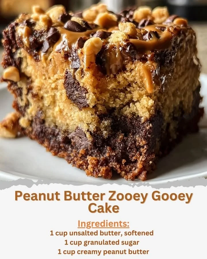 Delicious Peanut Butter Zooey Gooey Cake decorated with peanut butter frosting and toppings.
