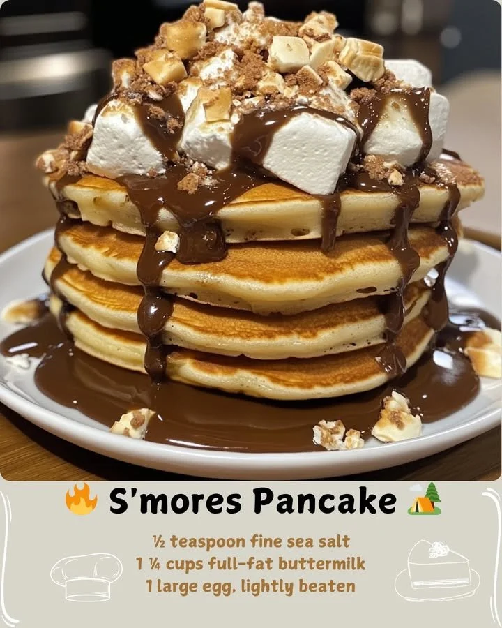 Fluffy S'mores Pancake topped with chocolate, graham crackers, and marshmallows