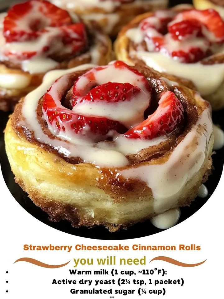 Delicious strawberry cheesecake cinnamon rolls freshly baked with creamy frosting