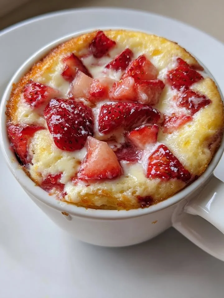 Strawberry cheesecake cottage cheese mug cake in a mug