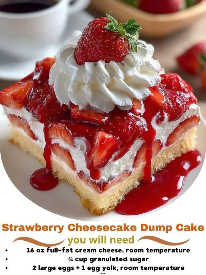 Delicious Strawberry Cheesecake Dump Cake topped with fresh strawberries.