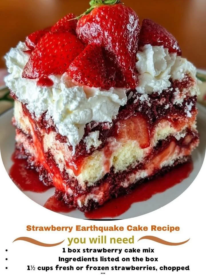 Slice of Strawberry Earthquake Cake topped with strawberries and cream