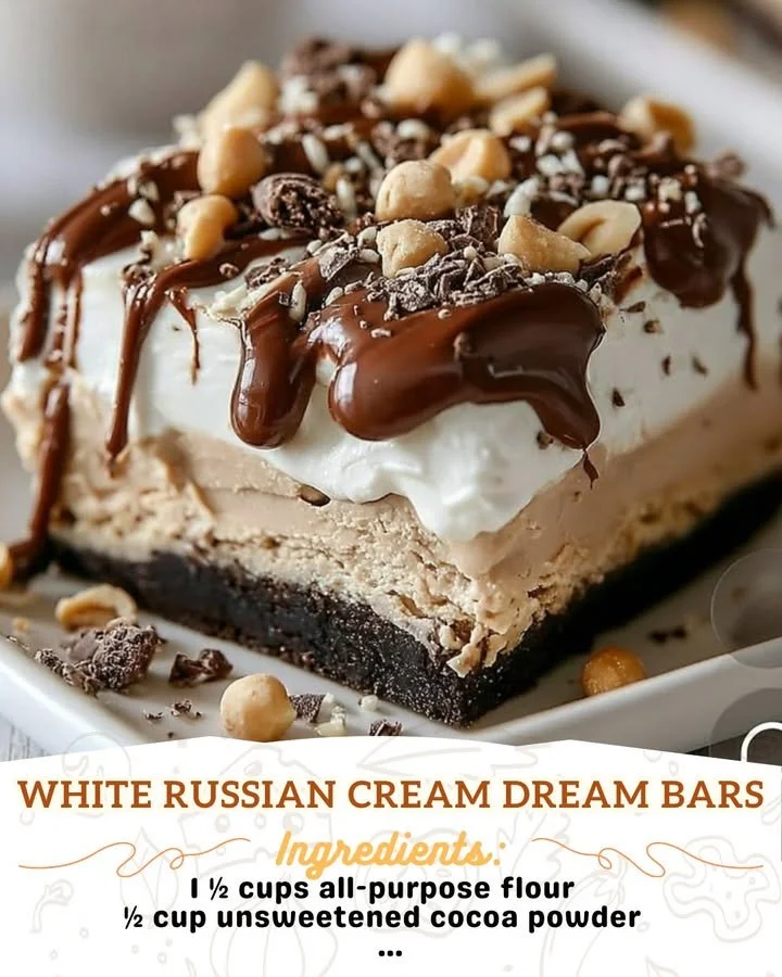 Delicious White Russian Cream Dream Bars topped with chocolate and cream.