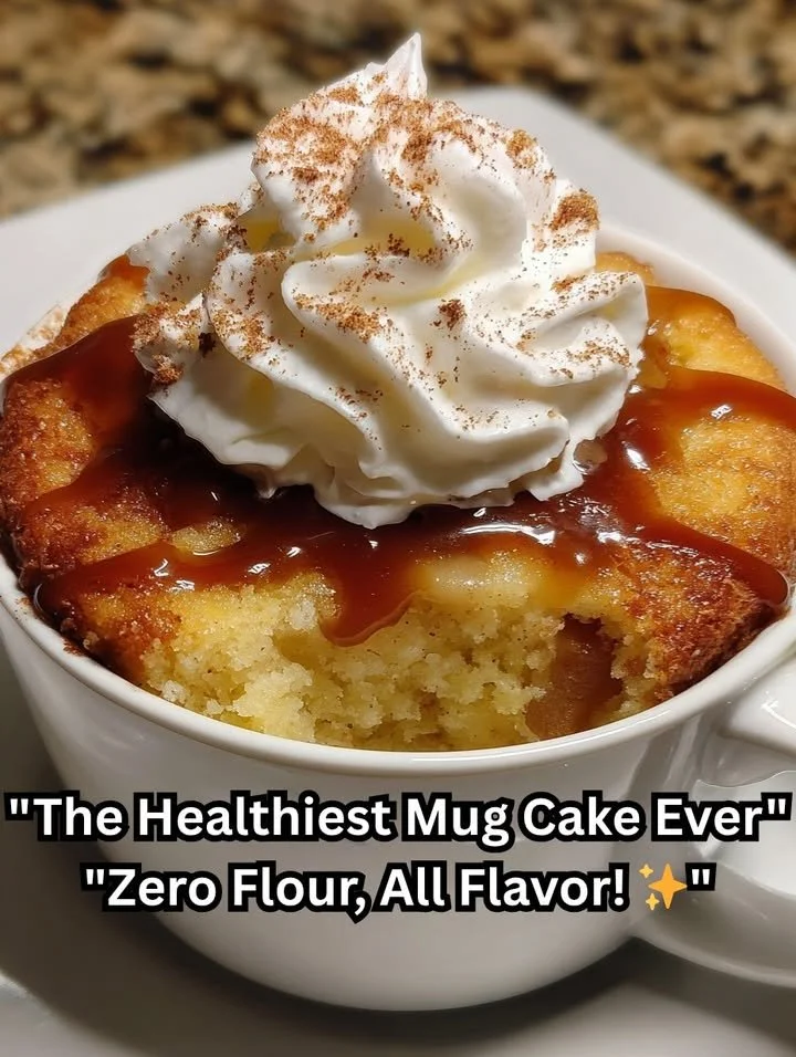 Apple Cinnamon Cottage Cheese Mug Cake topped with cinnamon and apple slices