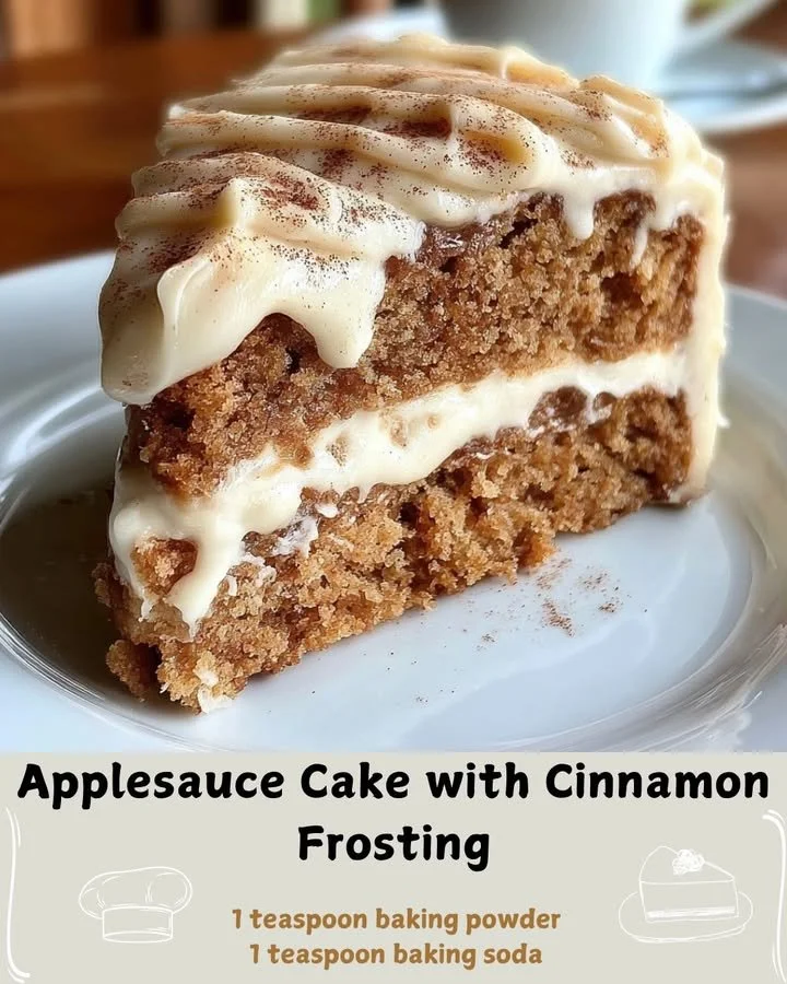 Delicious applesauce cake with cinnamon frosting on a rustic wooden table