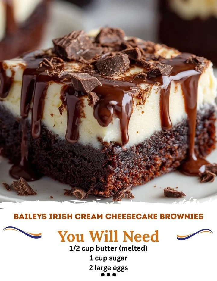 Decadent Baileys Irish Cream cheesecake brownies on a plate.