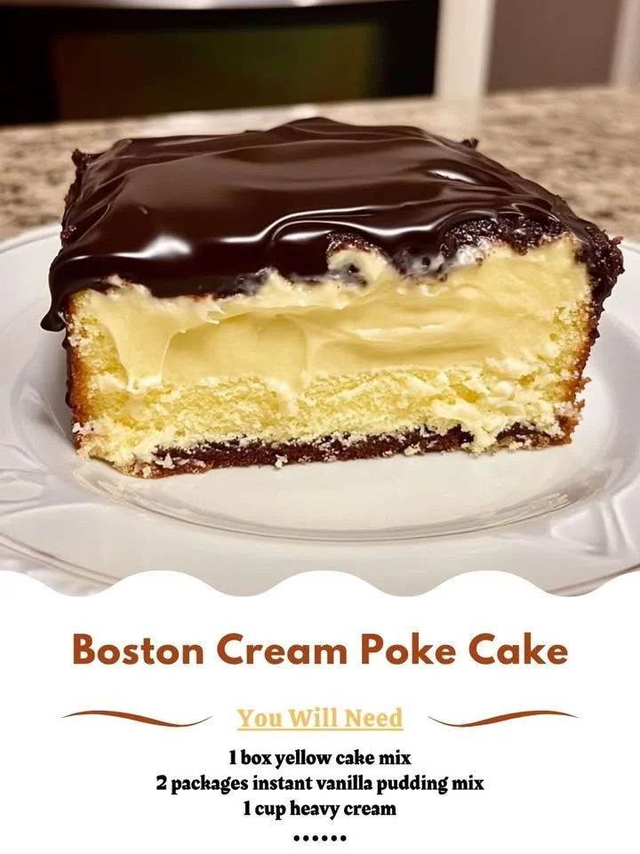 Delicious Boston Cream Poke Cake topped with chocolate glaze and creamy filling.