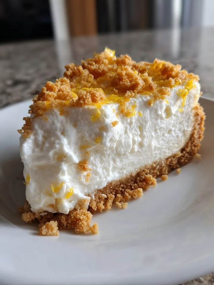 Creamy no-bake cottage cheese cheesecake slice on a plate.