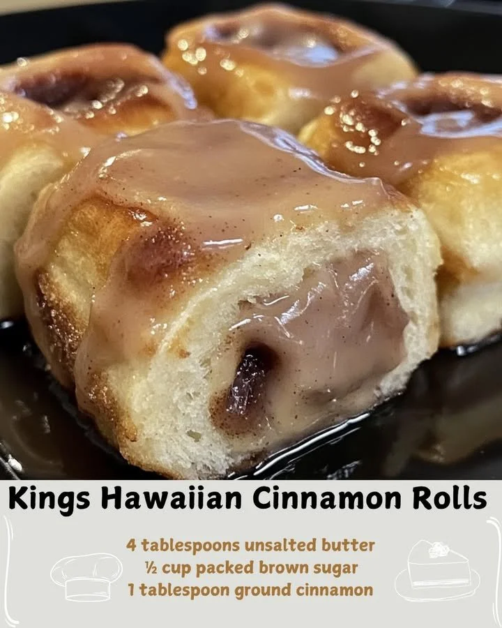 Delicious Kings Hawaiian cinnamon rolls topped with icing on a plate