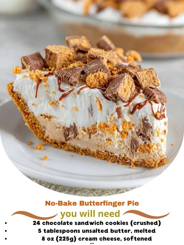 Delicious no-bake Butterfinger Pie topped with crushed Butterfinger candy.