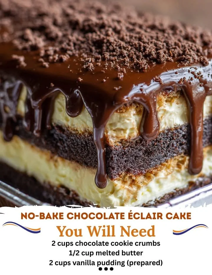 No-Bake Chocolate Éclair Cake topped with chocolate frosting and whipped cream.
