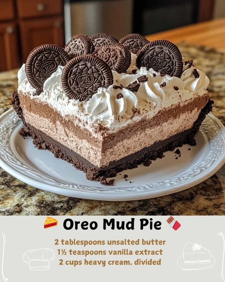 Decadent Oreo Mud Pie with layers of cream and Oreo crust.