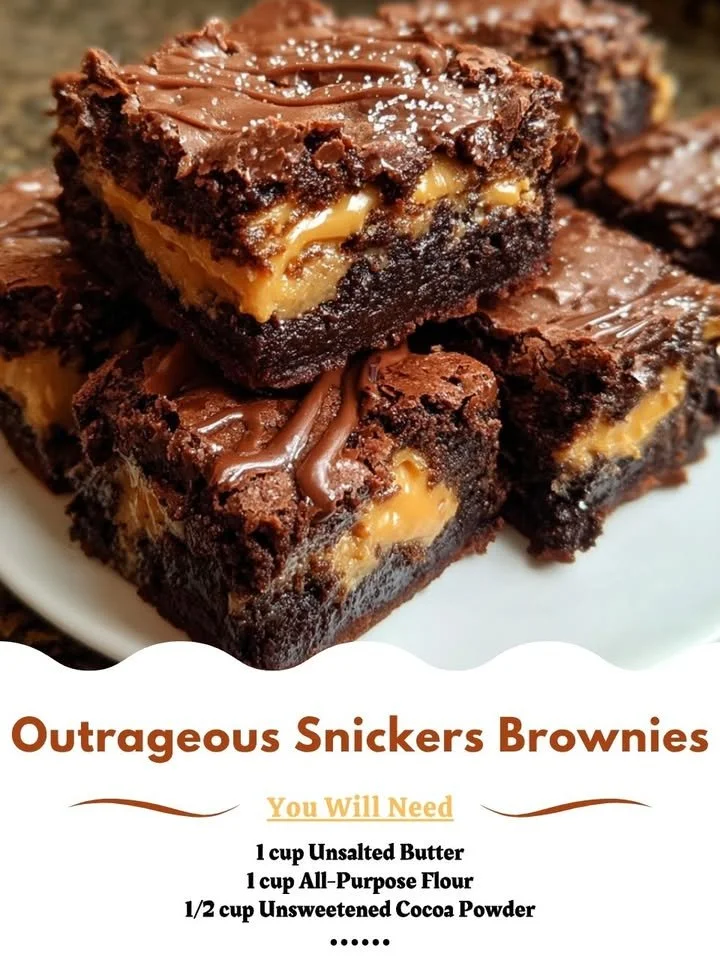 Delicious Snickers brownies topped with caramel and peanuts.