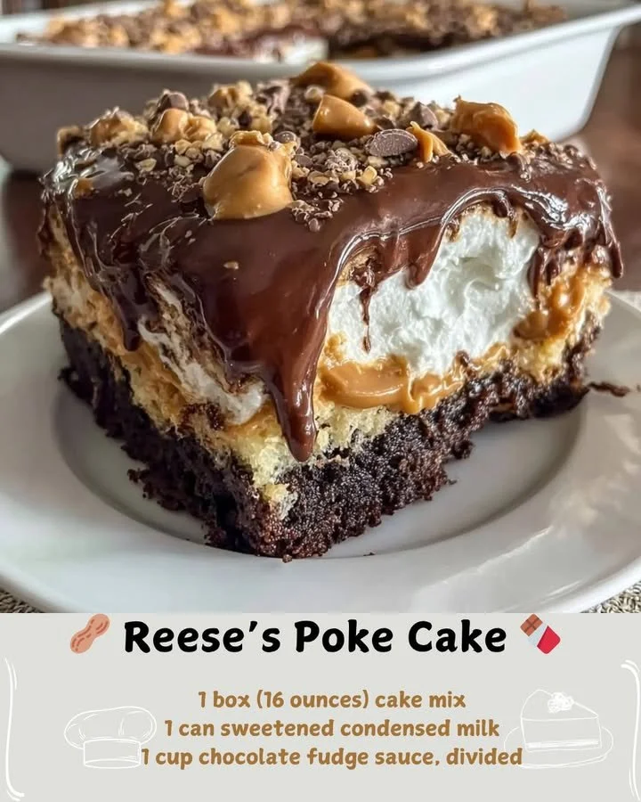 Reese's Poke Cake topped with chocolate and peanut butter frosting