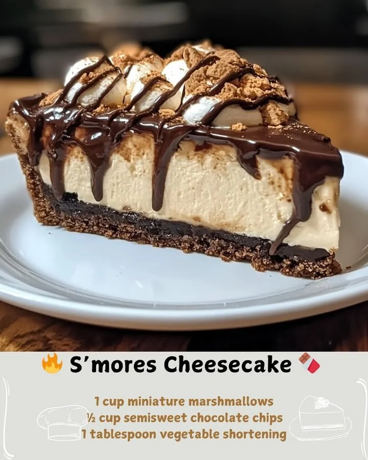 Delicious S’mores Cheesecake topped with melted chocolate and marshmallows