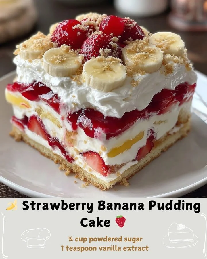 Delicious Strawberry Banana Pudding Cake topped with fresh strawberries and bananas