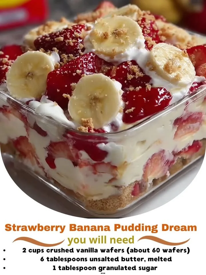 Delicious strawberry banana pudding served in a glass, topped with fresh fruit.