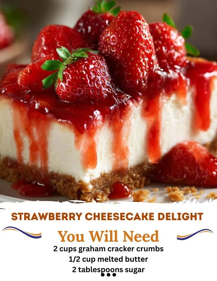 Delicious strawberry cheesecake with fresh strawberries topping and a graham cracker crust