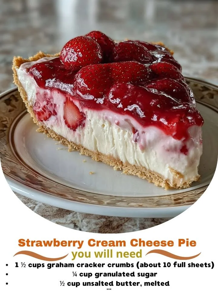 Slice of Strawberry Cream Cheese Pie with fresh strawberries on top