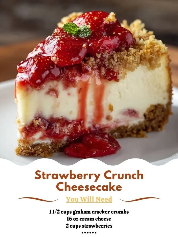 Delicious Strawberry Crunch Cheesecake with a creamy layer and crunchy topping