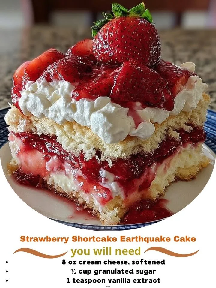 Strawberry Shortcake Earthquake Cake with layers and fresh strawberries.