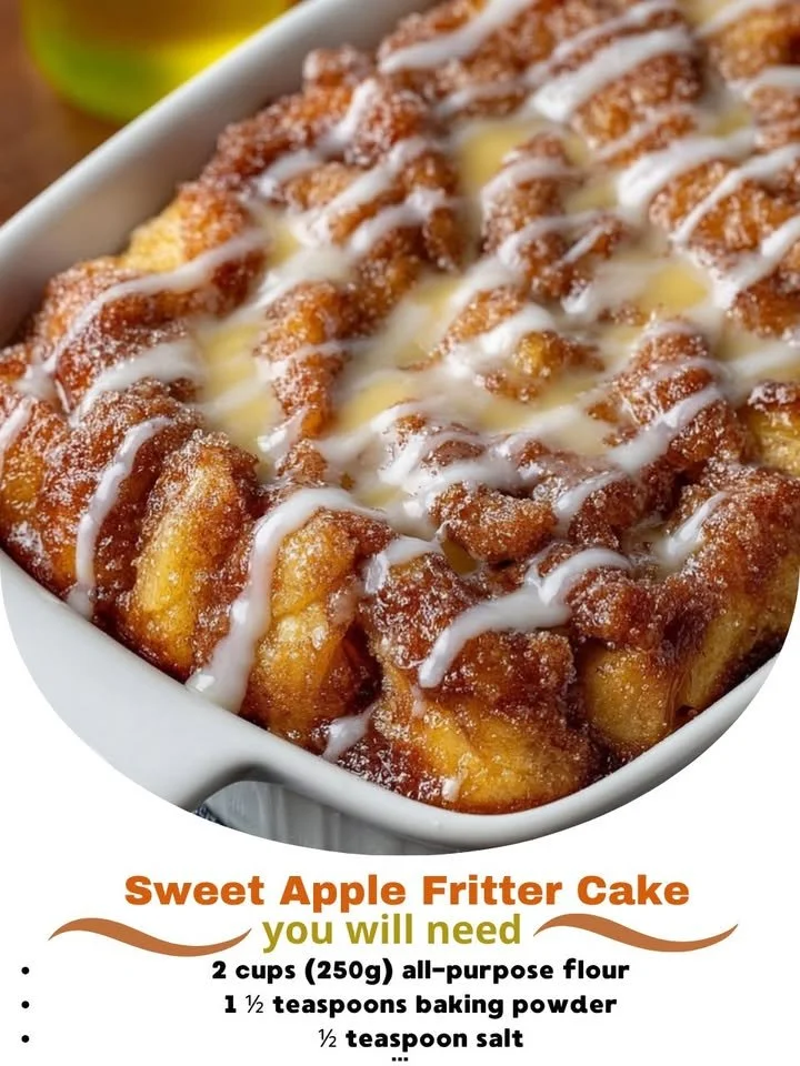 Deliciously sweet apple fritter cake topped with a glaze and cinnamon apples