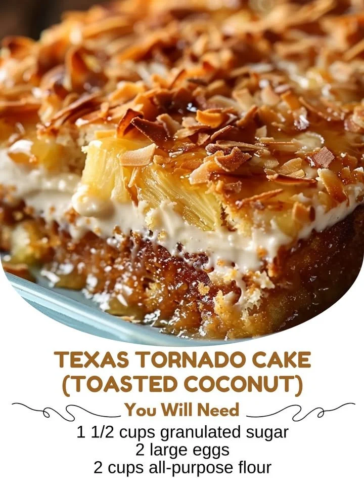 Texas Tornado Cake with toasted coconut topping for a delicious dessert experience