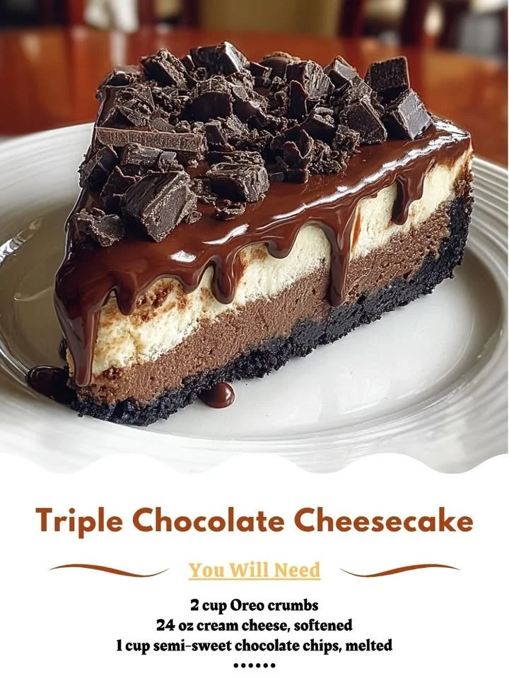 Delicious triple chocolate cheesecake topped with chocolate ganache and shavings