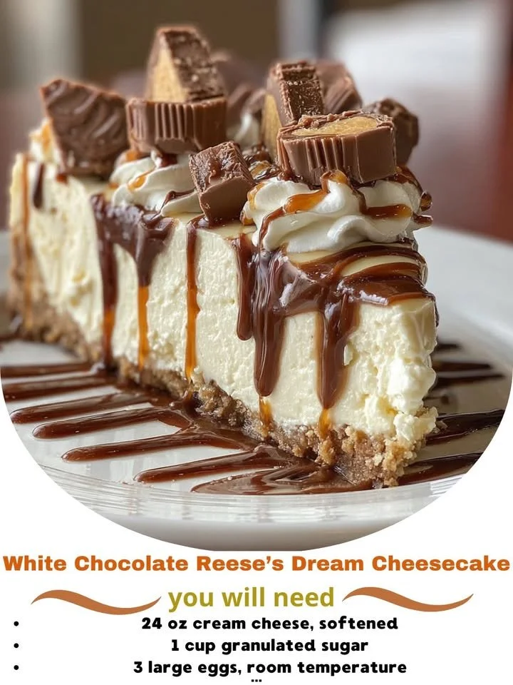 Slice of White Chocolate Reese’s Dream Cheesecake topped with Reese’s pieces