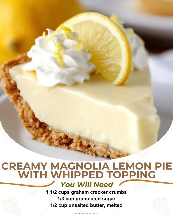Delicious Magnolia Lemon Pie topped with creamy filling and whipped cream