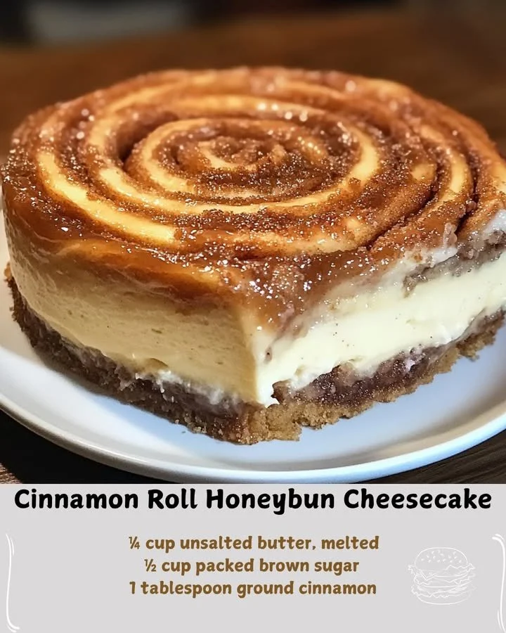 Delicious Cinnamon Roll Cheesecake topped with a swirl of cinnamon and glaze