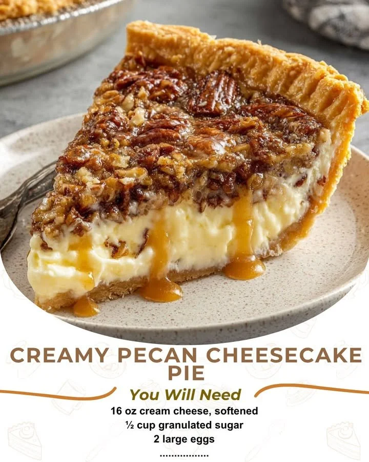Slice of creamy pecan cheesecake pie topped with pecans and caramel